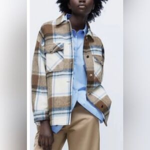 ZARA  Wool Blend Brown & White Plaid Shacket Jacket Size Small